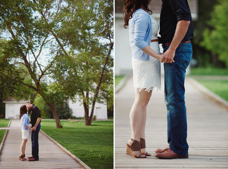 Engaged couple on wooden path at John Walter Museum photography