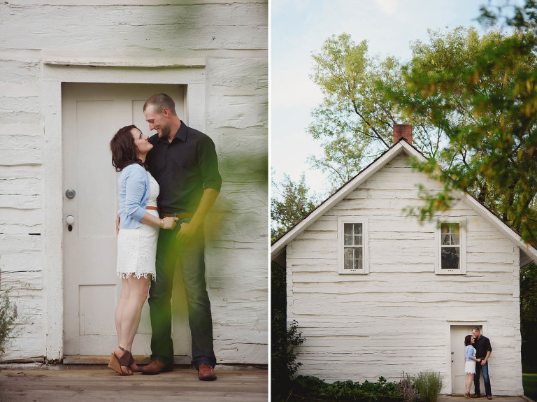 engaged couple in front of white house at John Walter Museum